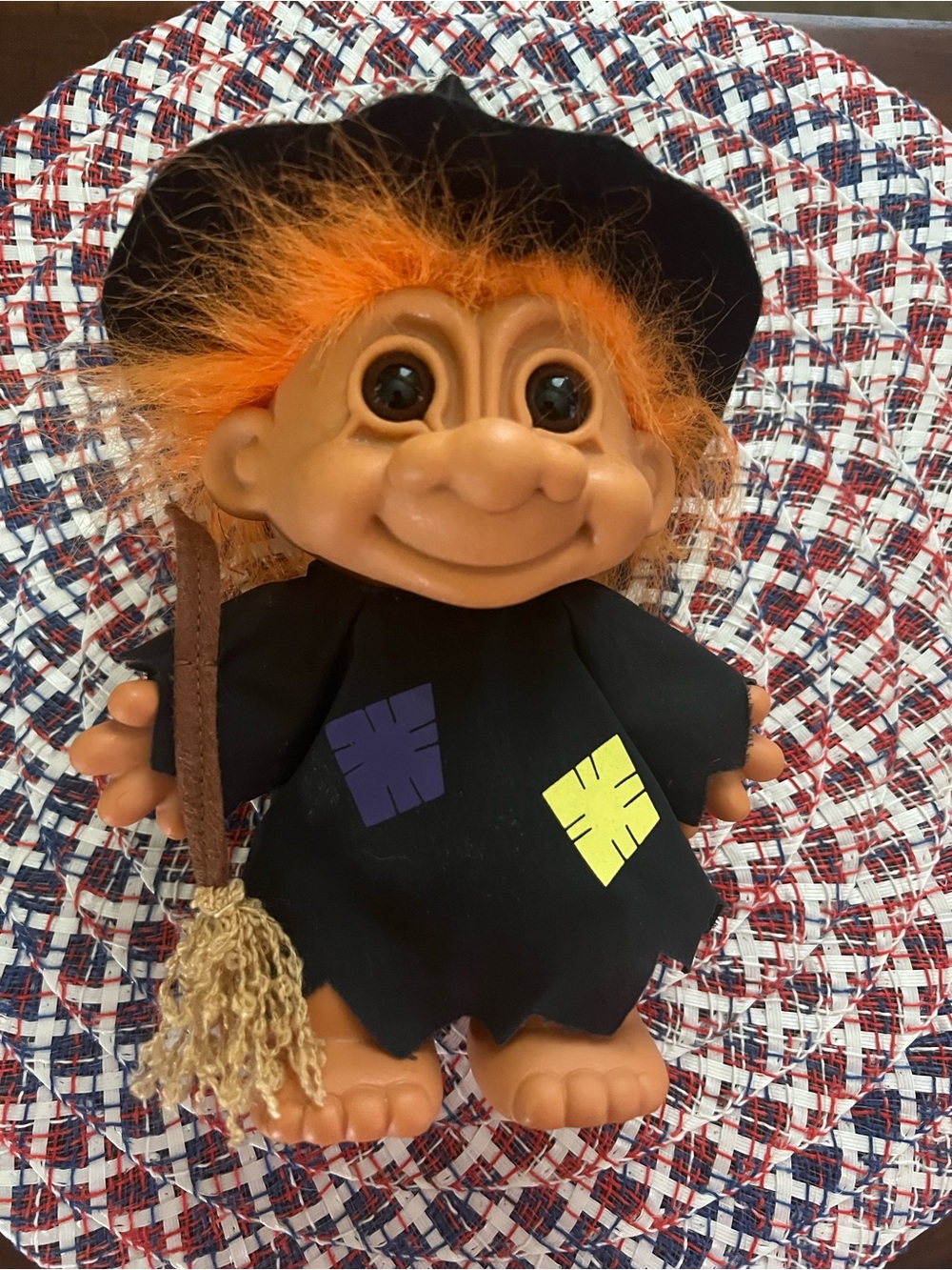 Vintage Halloween Witch Troll Doll w/ Broom & Hat Orange Hair by Russ w/o tags